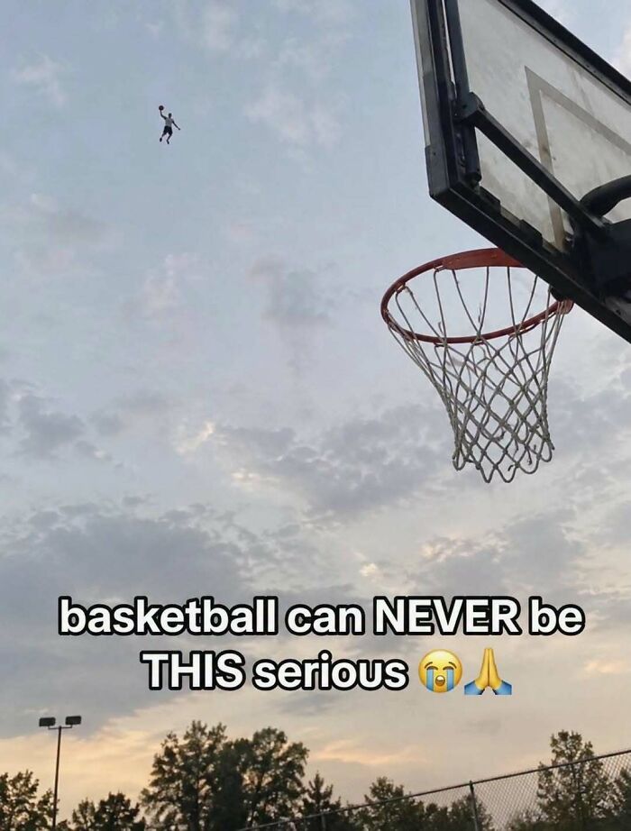 Amusing posts showing a person jumping unnaturally high towards a basketball hoop.
