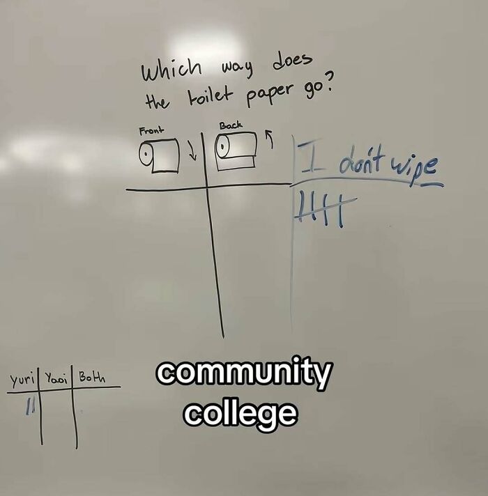 A whiteboard survey about toilet paper direction illustrating humorous memes