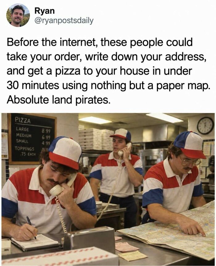 Entertaining post about vintage pizza shop workers taking phone orders and using paper maps