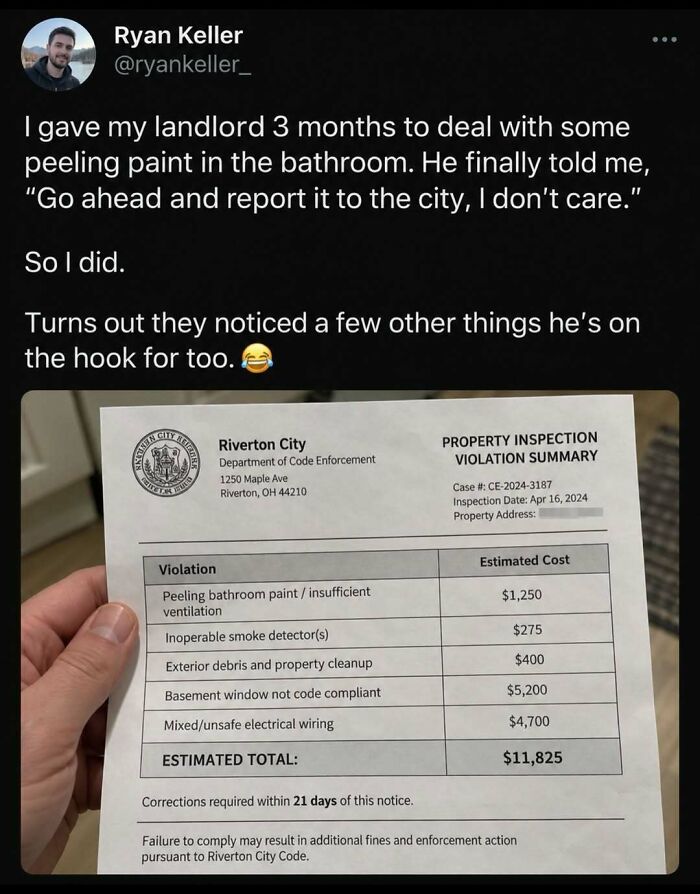 Entertaining post showing a property inspection violation summary with thousands in fines
