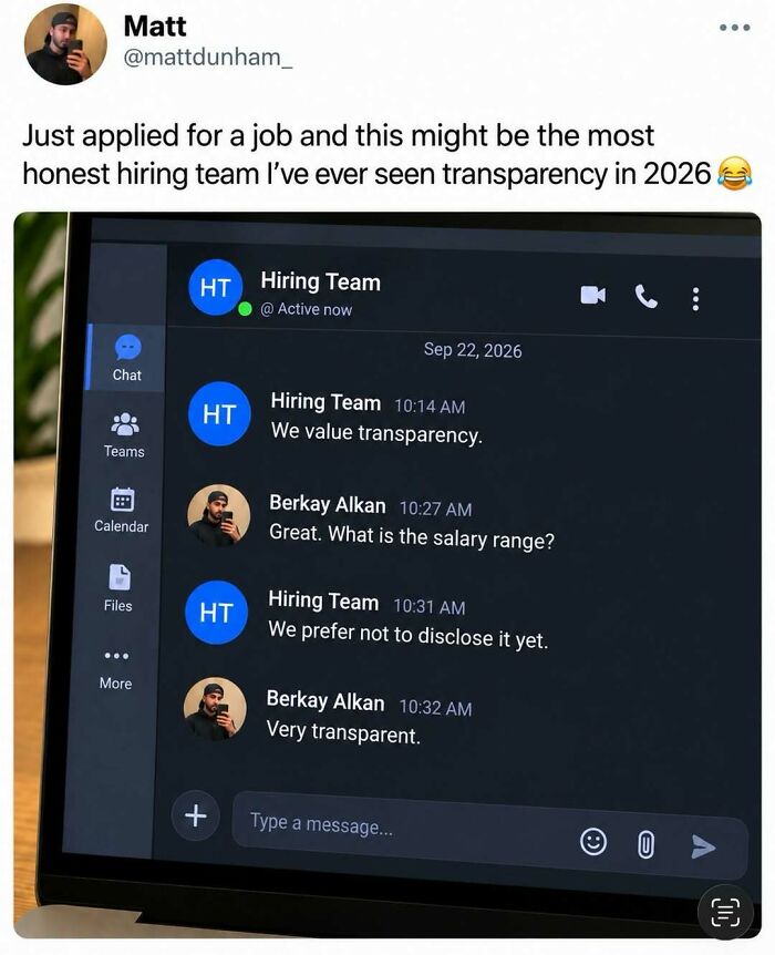 A silly post featuring a messaging chat with a hiring team about salary range transparency.