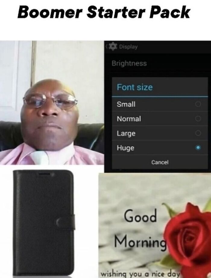 Boomer starter pack meme with large phone font and simple items