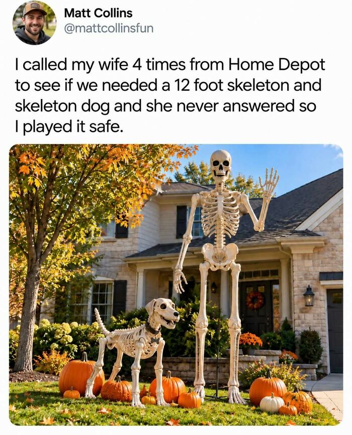 A giant skeleton and skeleton dog Halloween lawn decoration from a fun post.