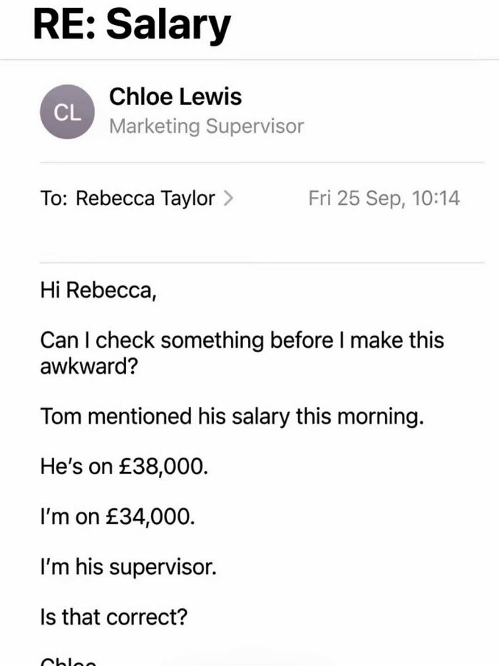Relatable workplace memes showing a screenshot of an awkward email about salary inequality.