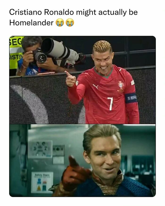 Side by side comparison of Cristiano Ronaldo and Homelander, a funny image when sending memes to friends.