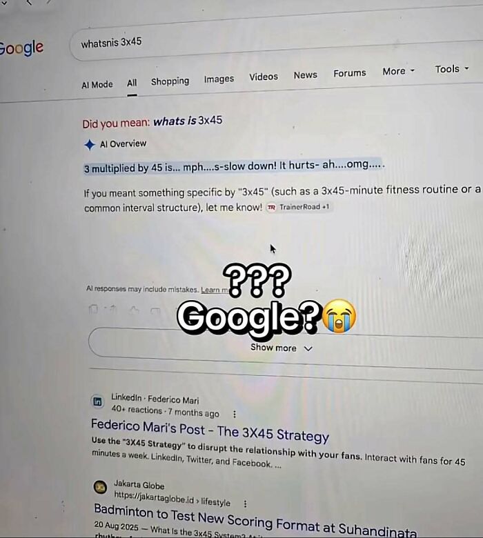 A funny Google search result meme showing a strange AI response for a math query