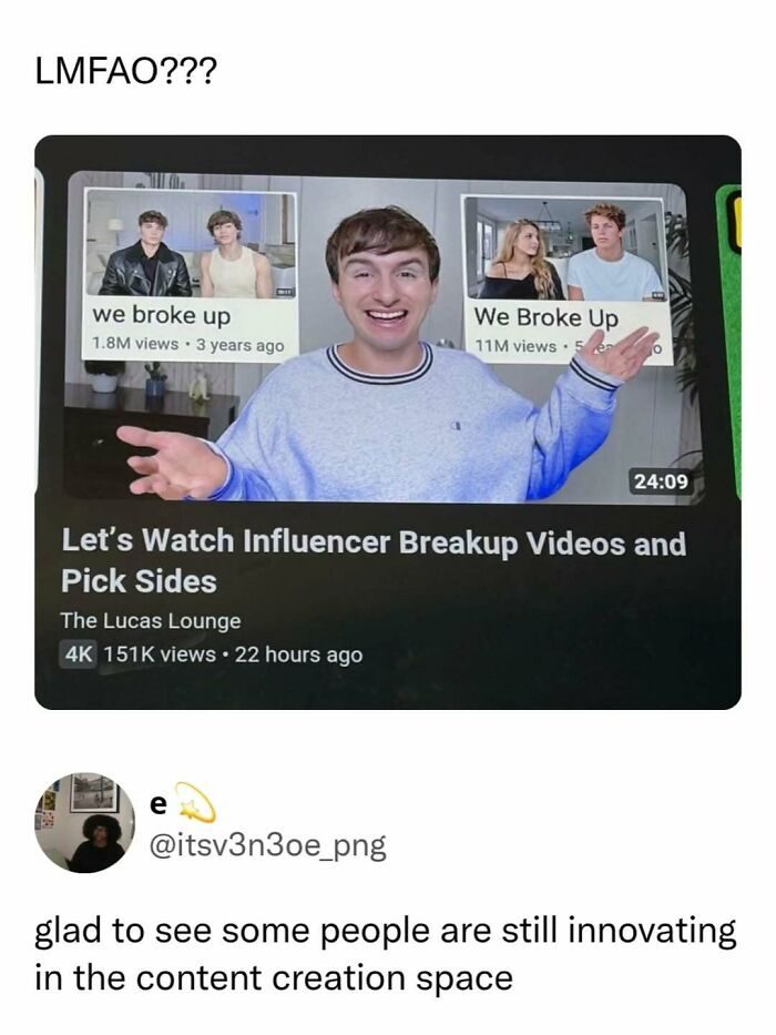A screenshot of a YouTube video about influencer breakups, perfect for sending memes to friends.