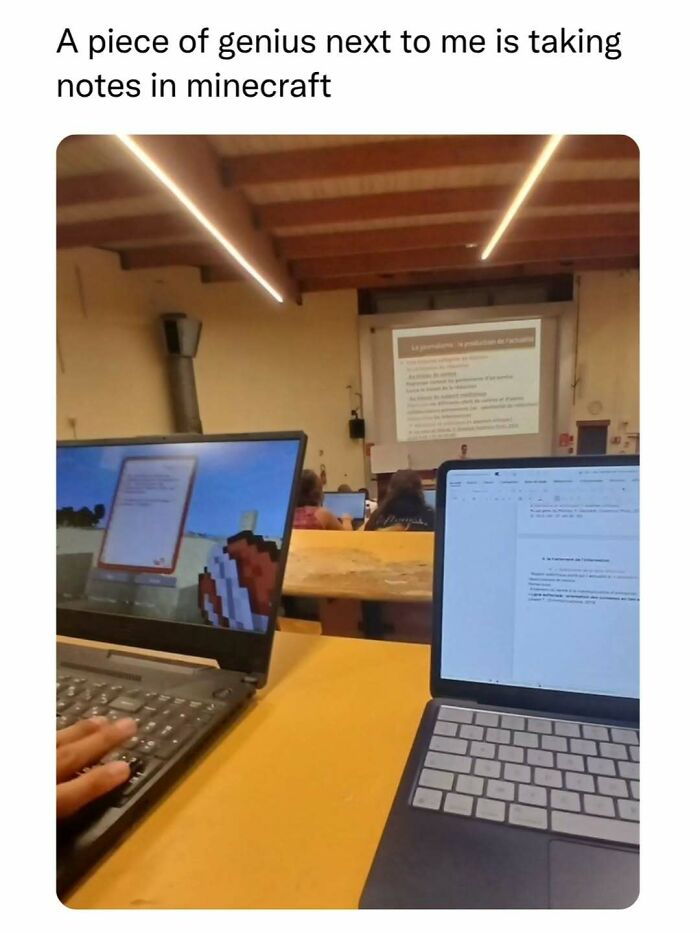 Funny meme of a student taking lecture notes inside Minecraft on a laptop screen to send memes to friends.