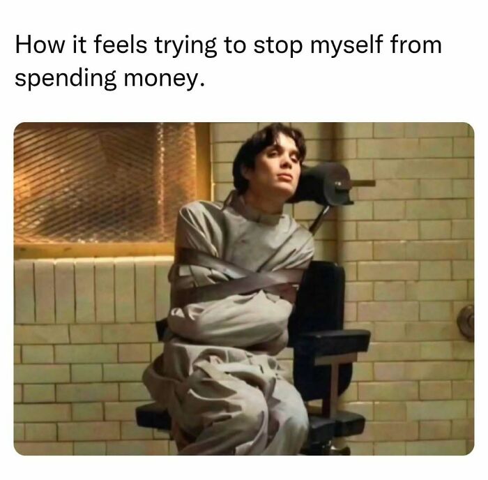 Cillian Murphy tied up in a straitjacket, representing trying to stop spending money in memes to friends.
