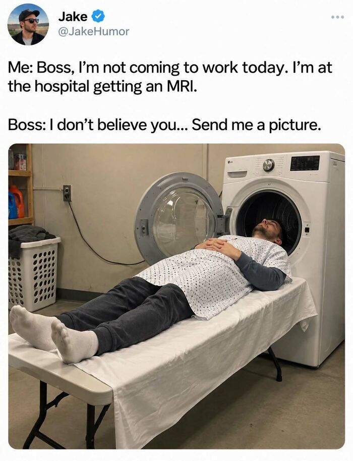 Entertaining post showing a man fake-getting an MRI inside a washing machine.