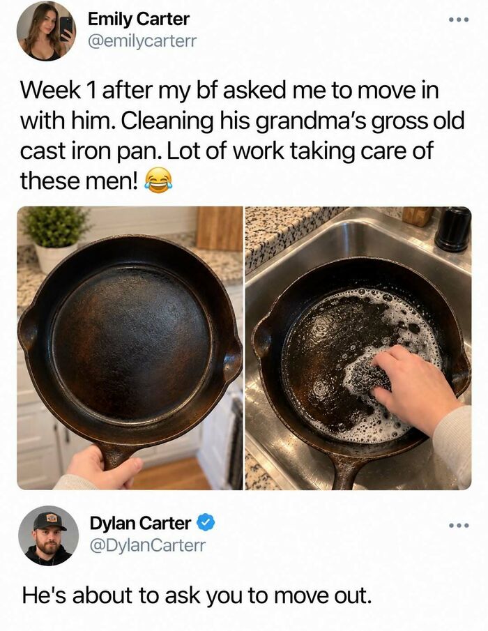 Silly post showing someone scrubbing a seasoned cast iron skillet with soap