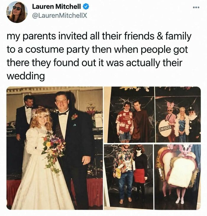 Silly post showing a bride and groom alongside wedding guests wearing Halloween costumes