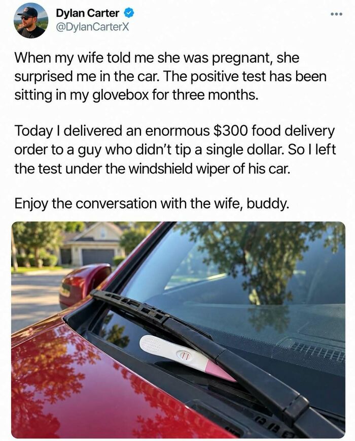 A pregnancy test tucked under a car windshield wiper blade for a fun post prank