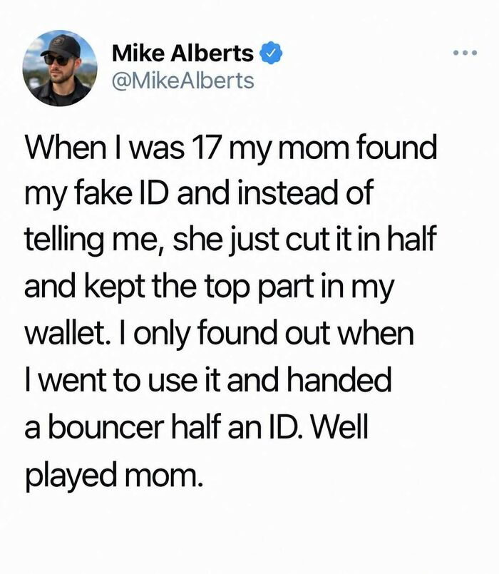Funny social media post about a mom cutting a fake ID in half.