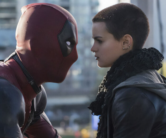 Brianna Hildebrand as Negasonic Teenage Warhead in her breakout role, staring intensely at Deadpool. Brianna Hildebrand as Negasonic Teenage Warhead in her breakout role, staring intensely at Deadpool.