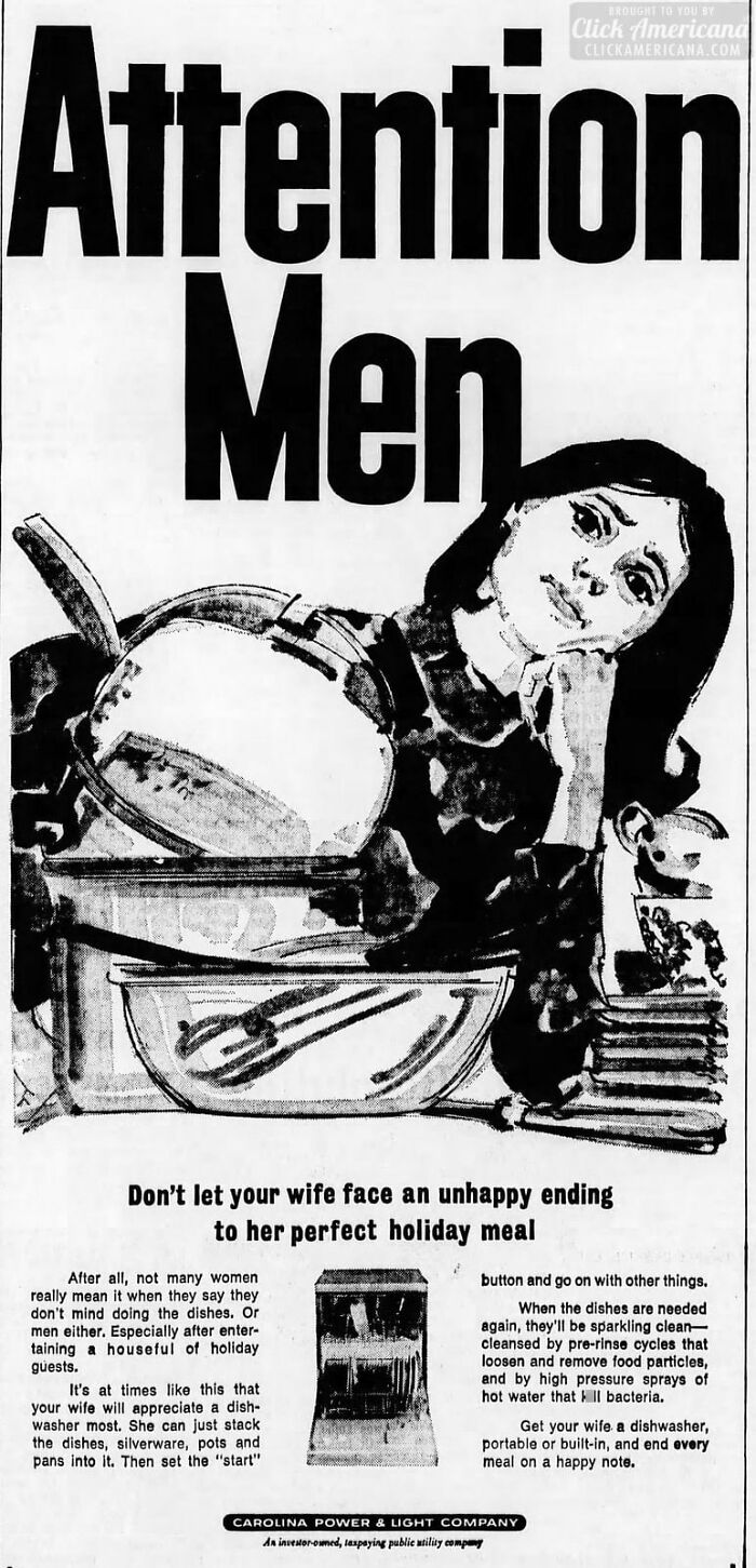 Retro dishwasher ad urging men to make holiday meals easier for wives