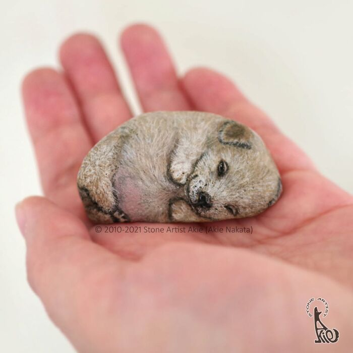 Sleeping puppy dog intricately painted on a small stone in hand