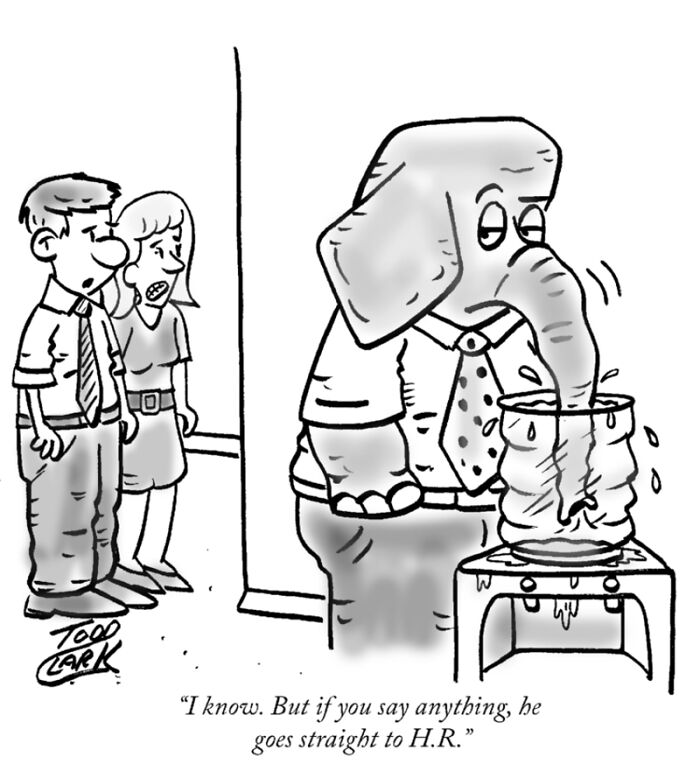 A satirical comic featuring an elephant at an office water cooler highlighting ridiculous situations
