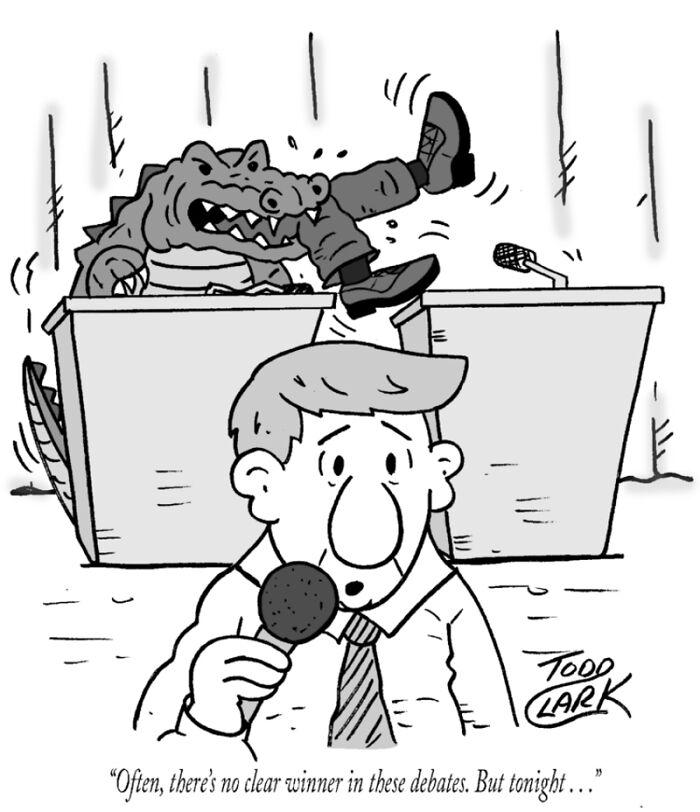 A satirical comic with an alligator at a debate podium highlighting ridiculous situations