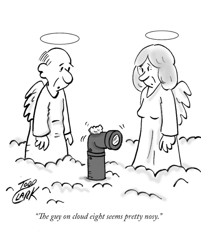 A satirical comic featuring angels on a cloud finding a periscope highlighting ridiculous situations