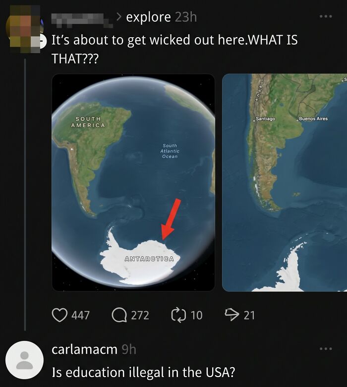 Social media user asking about Antarctica, highlighting examples of freedom of speech.