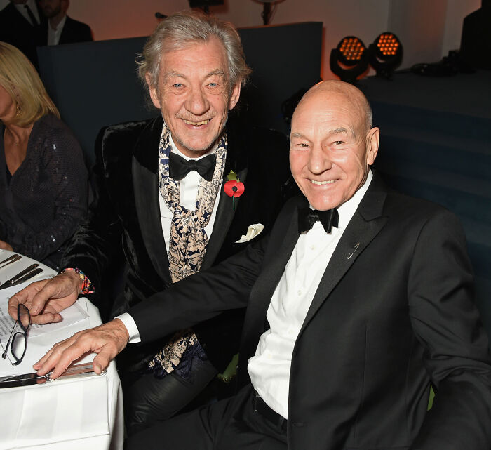 Patrick Stewart smiling next to Ian McKellen in formal attire at an event. Patrick Stewart smiling next to Ian McKellen in formal attire at an event.
