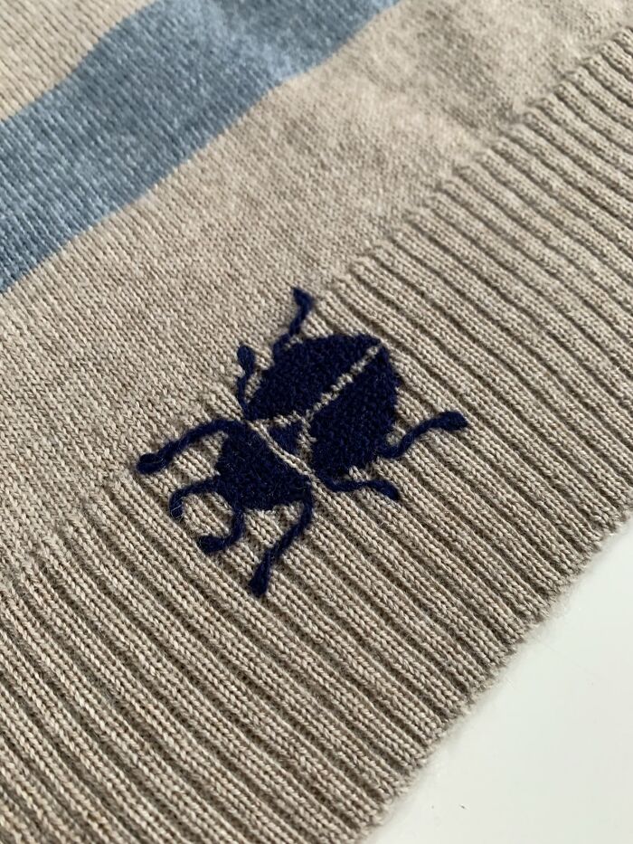 Detailed embroidered beetle on a knitted sweater showing creativity to save money