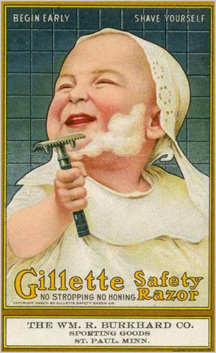 Old Gillette Safety Razor ad featuring baby shaving with razor