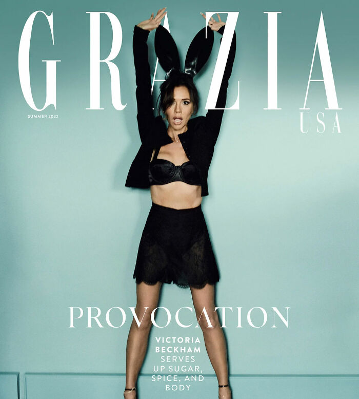 Victoria Beckham on Grazia USA cover wearing black outfit and bunny ears Victoria Beckham on Grazia USA cover wearing black outfit and bunny ears