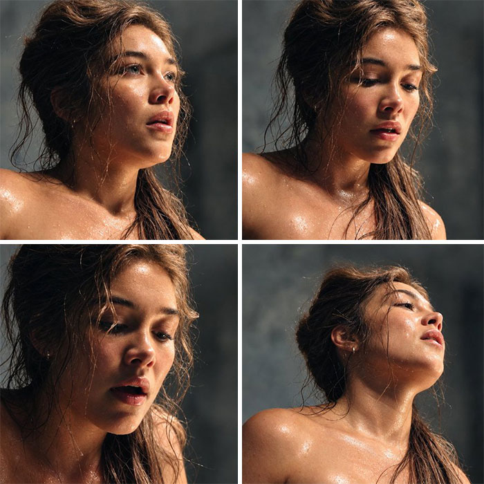 Four-panel grid of Florence Pugh in a steamy scene from a new show.