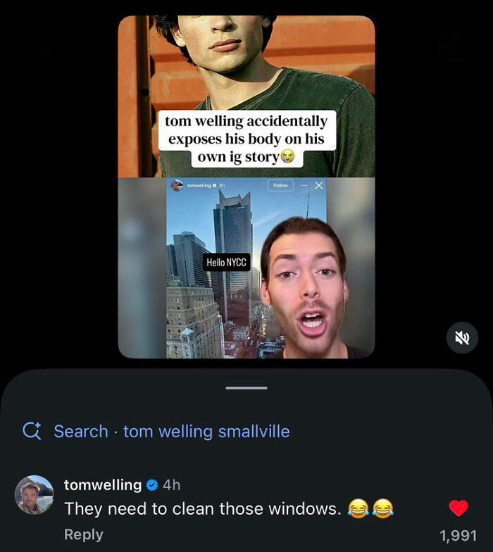 Social media post discussing Tom Welling with a witty comment from the TV star about cleaning hotel windows.