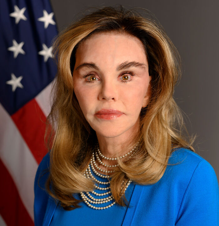 New ambassador portrait with American flag background showing MAGA face features New ambassador portrait with American flag background showing MAGA face features
