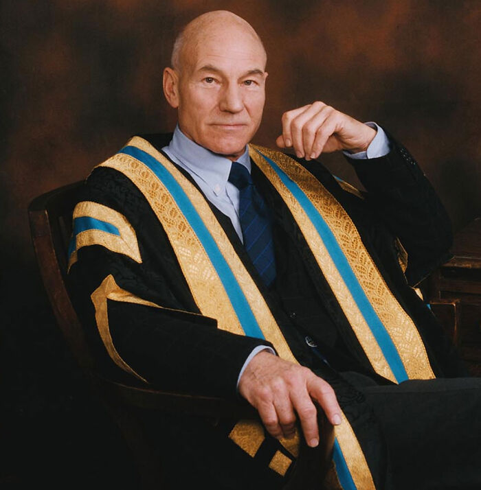 Actor Patrick Stewart wearing academic regalia and looking thoughtful. Actor Patrick Stewart wearing academic regalia and looking thoughtful.