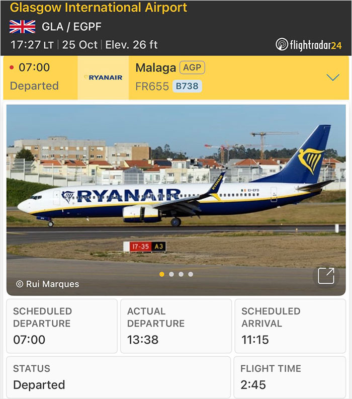 Flightradar24 screenshot displaying a delayed Ryanair flight schedule details.