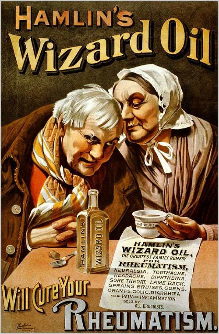 Retro advertisement for Hamlin's Wizard Oil to cure rheumatism with elderly couple