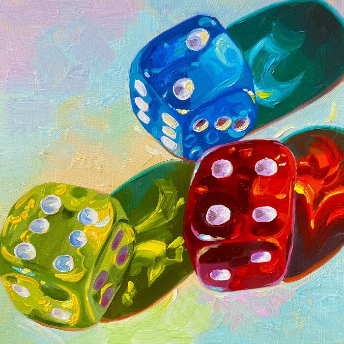 Three colorful dice casting shadows in Alai Paintings style