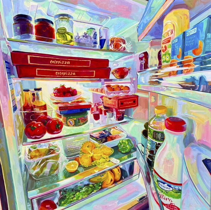 An open refrigerator filled with colorful food items in the style of Alai Paintings