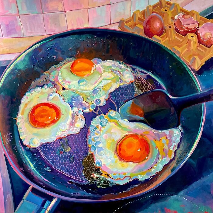 Colorful kitchen scene of fried eggs in Alai Paintings style