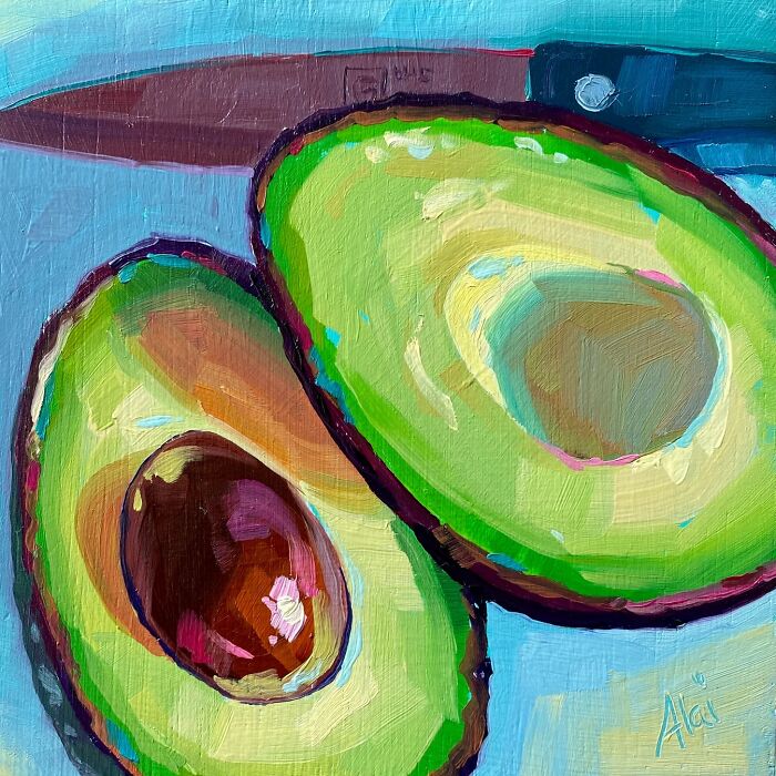 Vibrant avocado still life in colorful Alai Paintings style