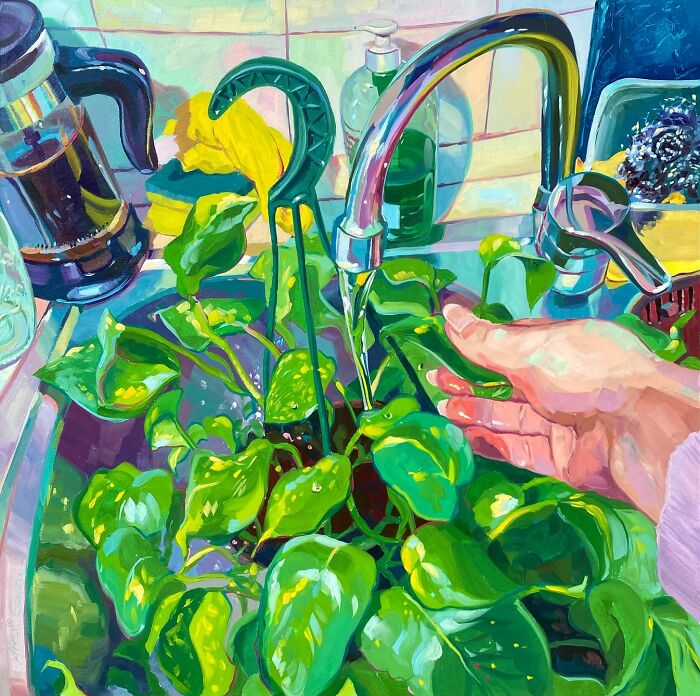 Watering a potted green houseplant in a sink, Alai Paintings style