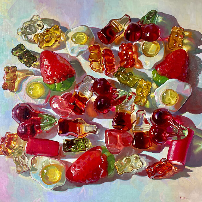 A colorful collection of gummy candies rendered in Alai Paintings style