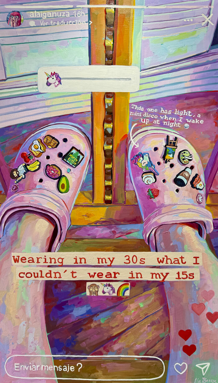 Colorful painting depicting pink clogs with charms, a creative piece from Alai Paintings.