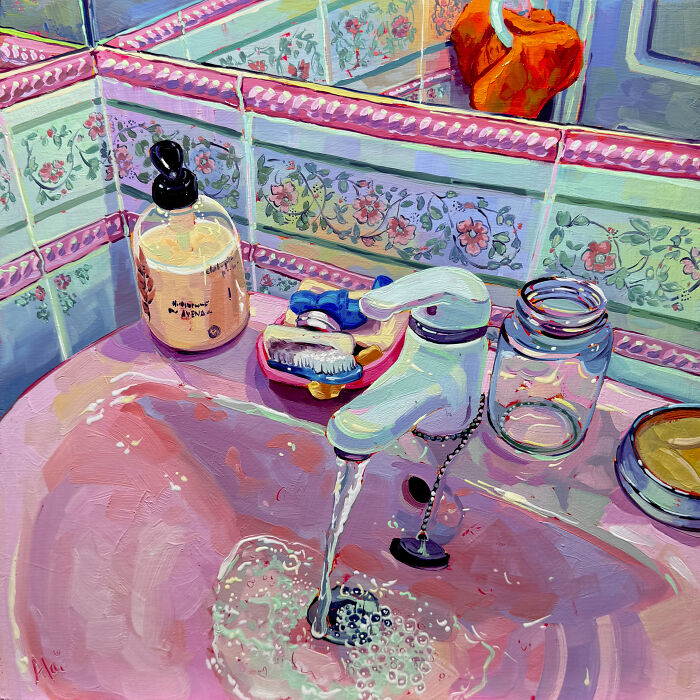 Alai Paintings artwork showing a pastel-colored bathroom sink with running water and soap dispenser.
