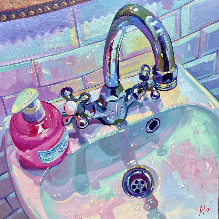 Still life bathroom sink with bright pink soap bottle from Alai Paintings.