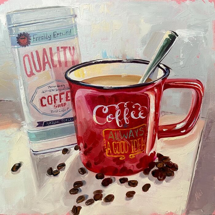 Cozy coffee mug and coffee bean bag illustration, Alai Paintings style