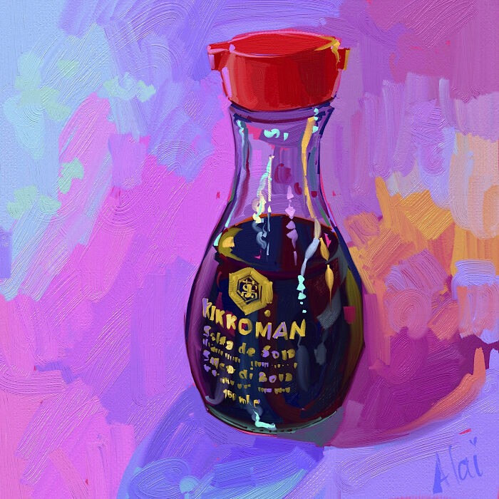 A vibrant Alai Paintings still life of a soy sauce bottle against a purple and pink background