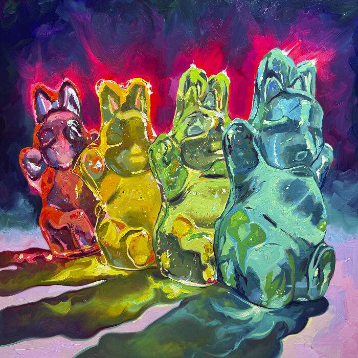 A row of colorful gummy bear figures in a signature Alai Paintings style