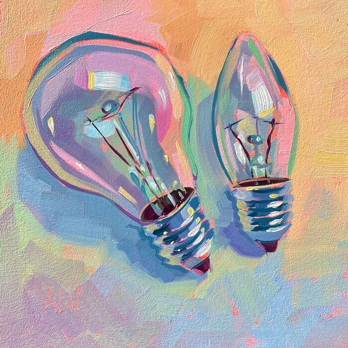 Two glass lightbulbs on a textured background in Alai Paintings style