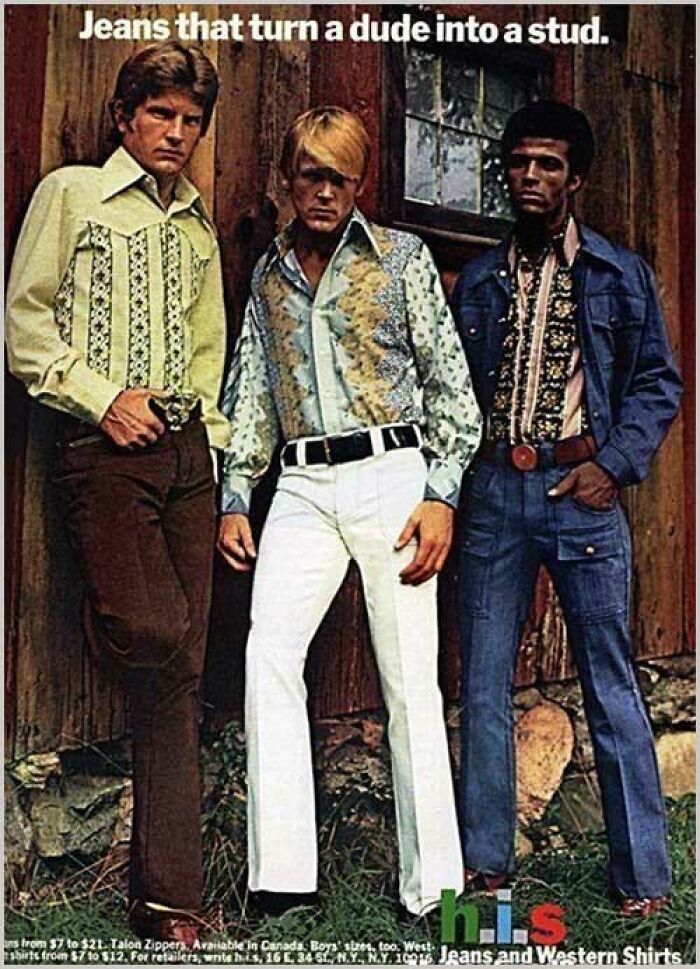 Vintage jeans ad showing three men wearing western-style jeans and shirts