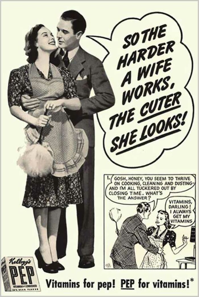 Retro advertisement showing a wife and husband promoting Kellogg's Pep vitamins for pep
